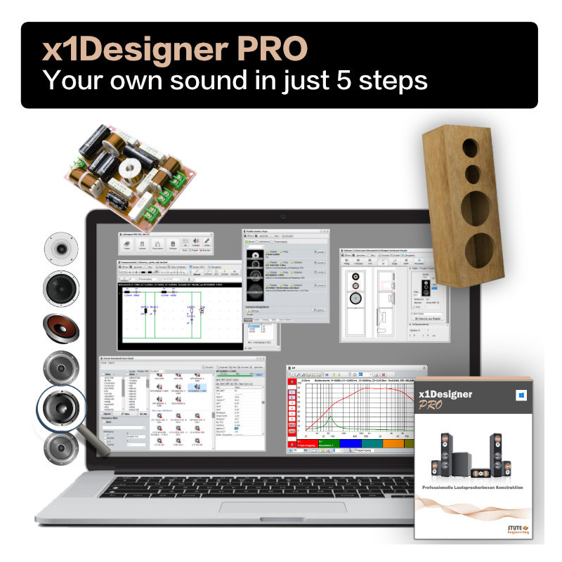 x1Designer PRO - Nur 5 Schritte zu Ihrem eigenen hochwertigen Lautsprecher (HiFi, PA, Auto)! Zusätzliche Funktionen.